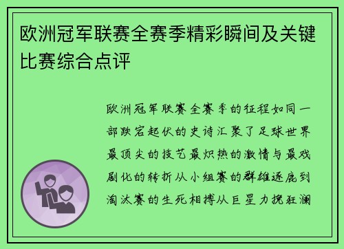 欧洲冠军联赛全赛季精彩瞬间及关键比赛综合点评